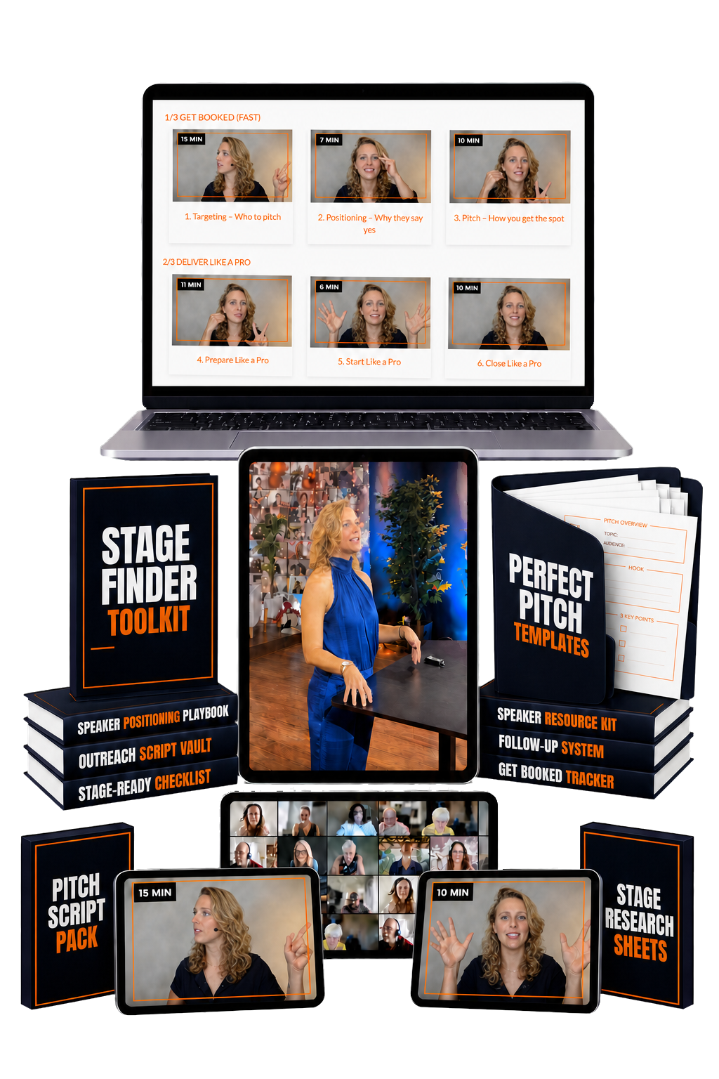 The Stage Sprint product mockup: laptop, tablet, and toolkit guides